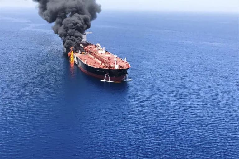 Stretto di Hormuz, petroliera con oltre due milioni di barili in fiamme. Trump: "Bloccate le navi iraniane"