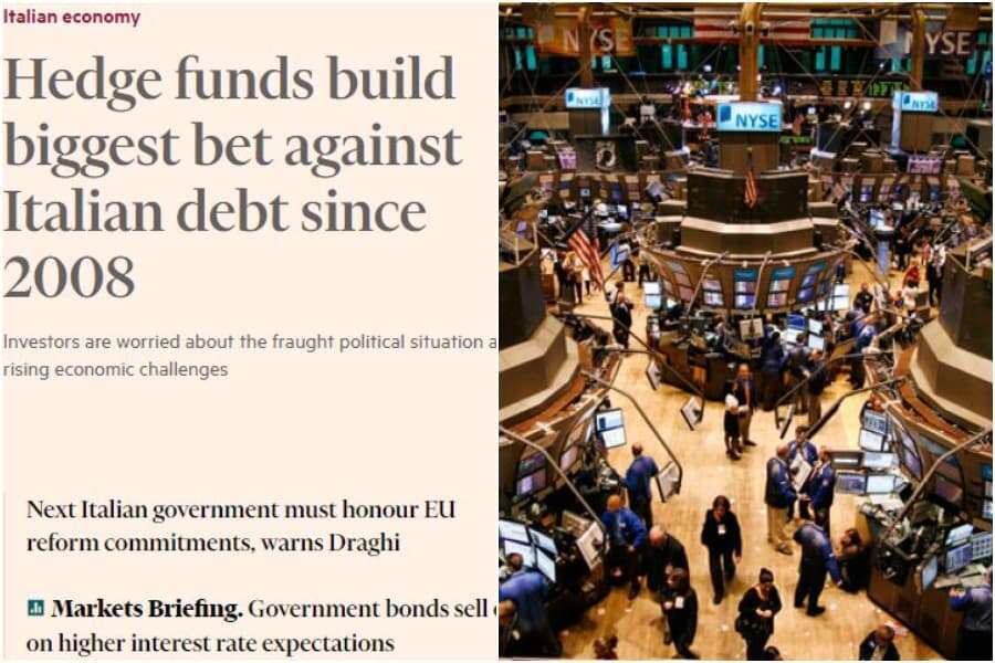 Gli hedge fund scommettono contro il debito italiano, lo rivela il Financial Times